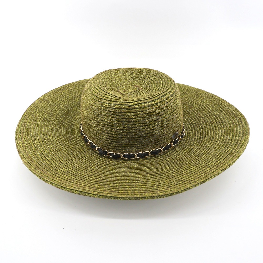 HBY Miami Wide Brim Chain Link Paper Straw Sun Hat Olive Green Womens M/L